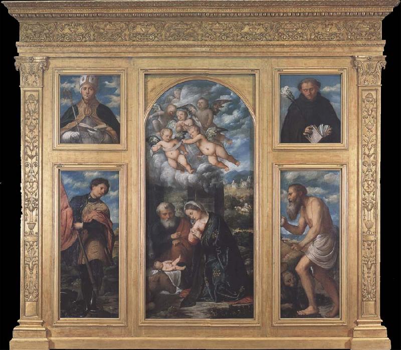 Girolamo Romanino Polyptych of the Nativity,with Saints Alexander,Jerome,Gaudioso and Filippo Benizzi oil painting image